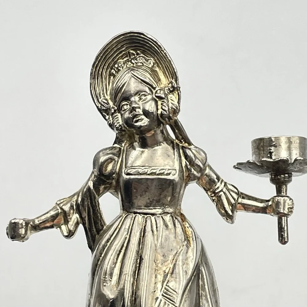Vintage 1980s Silver Tone Victorian Lady Candle Holder Figurine 4